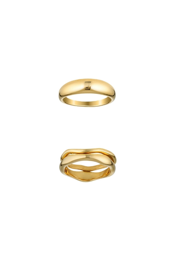 Bubble Ring - Thin & Wave Ring - Gold Set