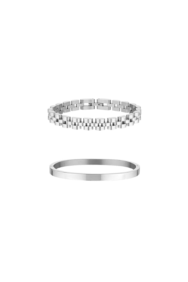 Fine Baby Link Bracelet - White Gold & Dylan Bangle Silver - Plain Set