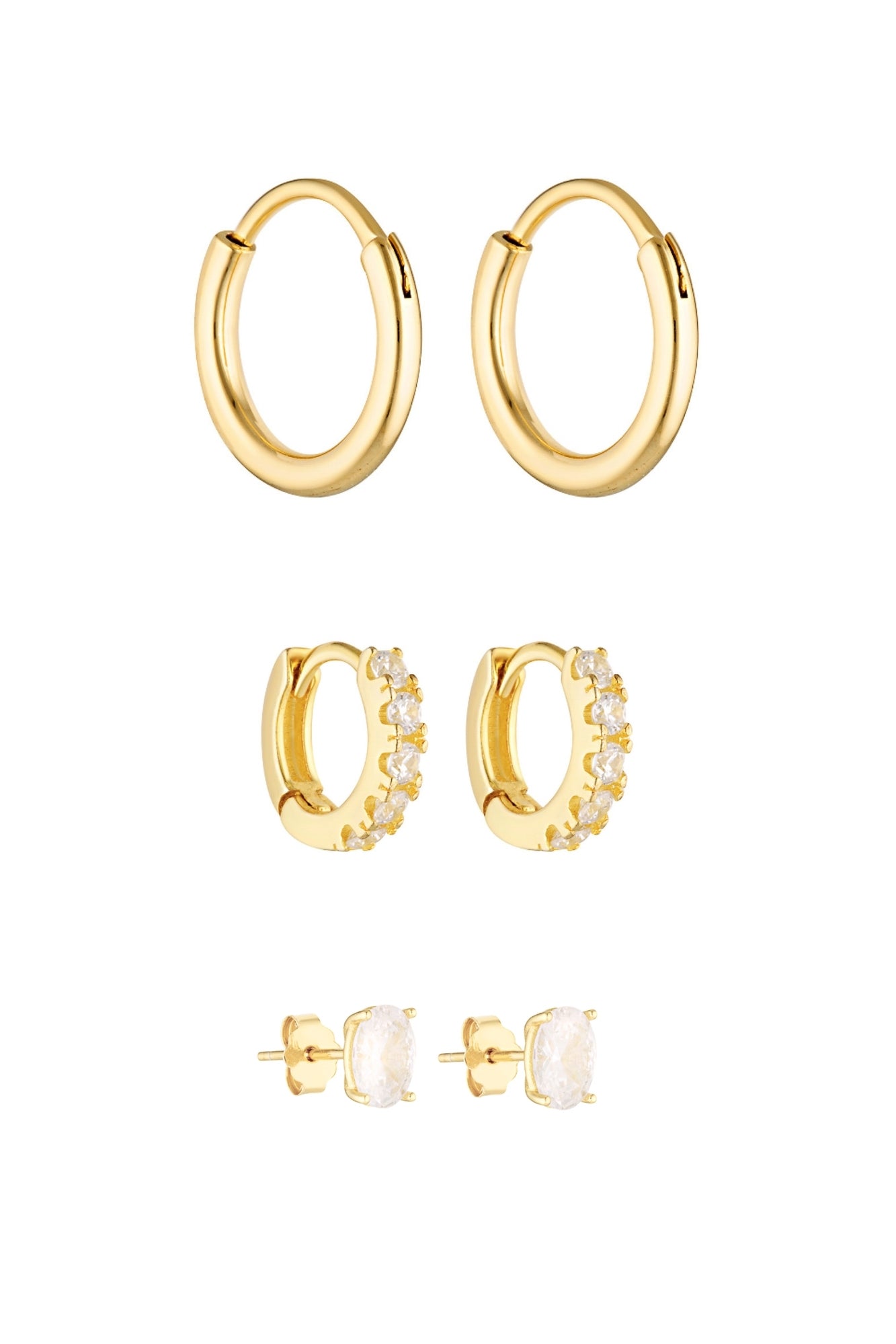 Porter Jewellery | 18k Gold Vermeil Sterling Silver White Gold Plating | 90's Hoops 20mm | Angel Huggies 9mm | Oval Studs 1CT Set