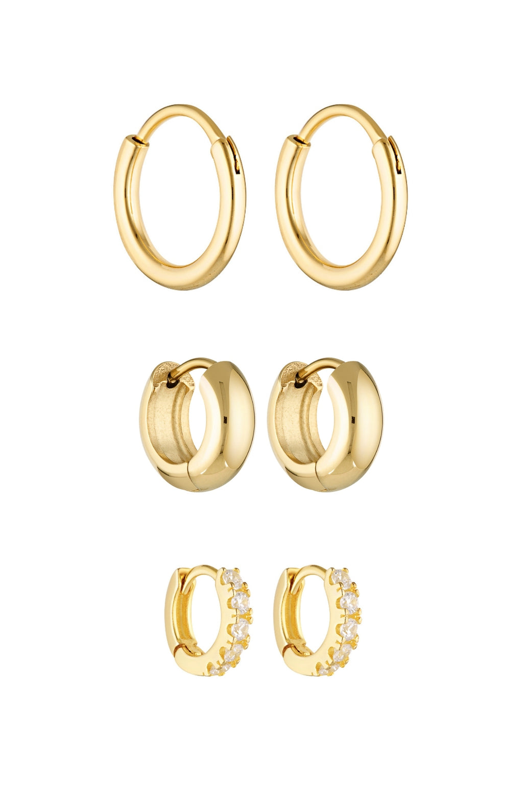 Porter Jewellery | 18k Gold Vermeil Sterling Silver White Gold Plating | 90's Hoops 20mm | Petite Thick Huggies 8mm | Angel Huggies 7mm Set