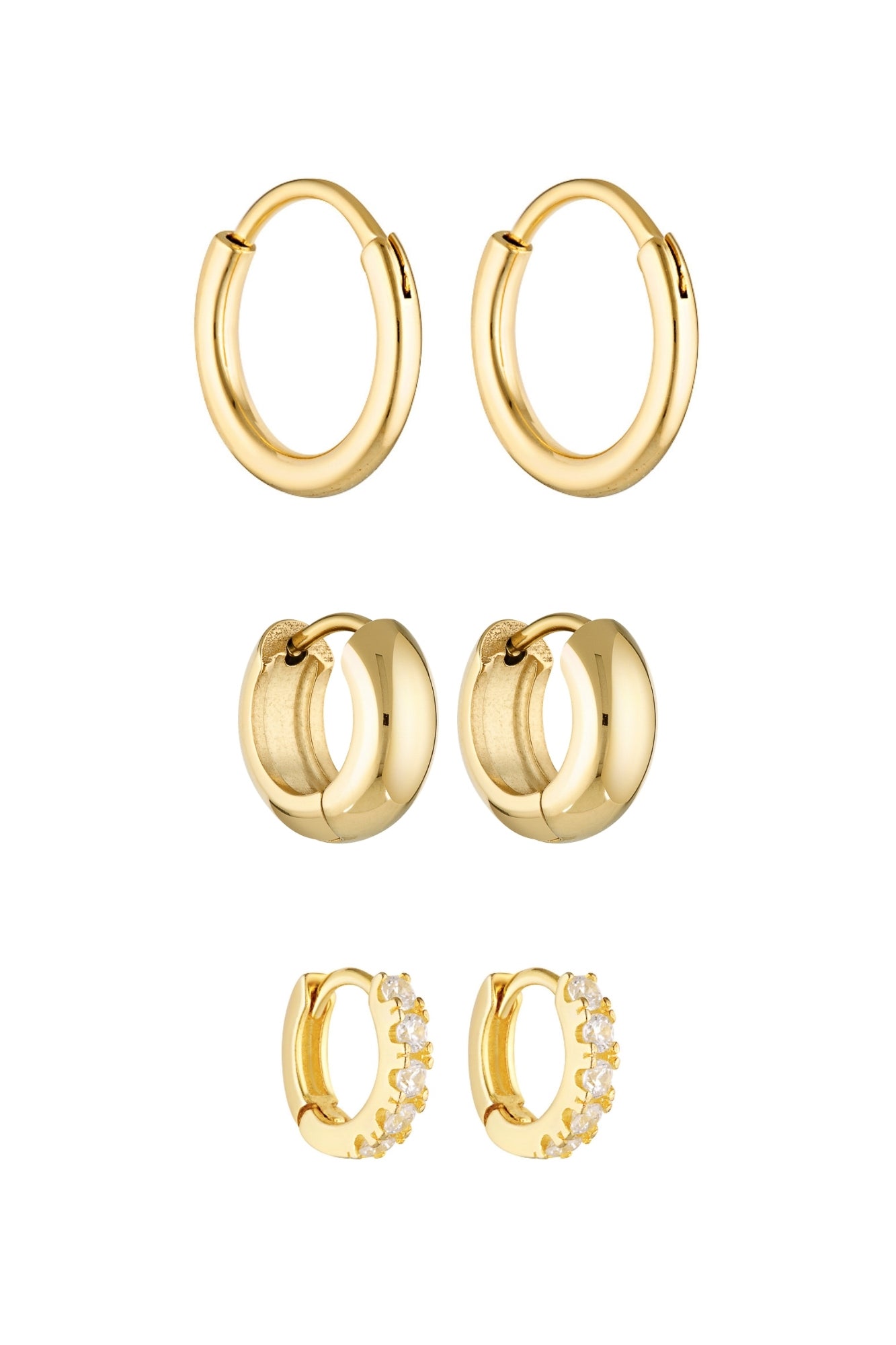 Porter Jewellery | 18k Gold Vermeil Sterling Silver White Gold Plating | 90's Hoops 20mm | Petite Thick Huggies 8mm | Angel Huggies 7mm Set