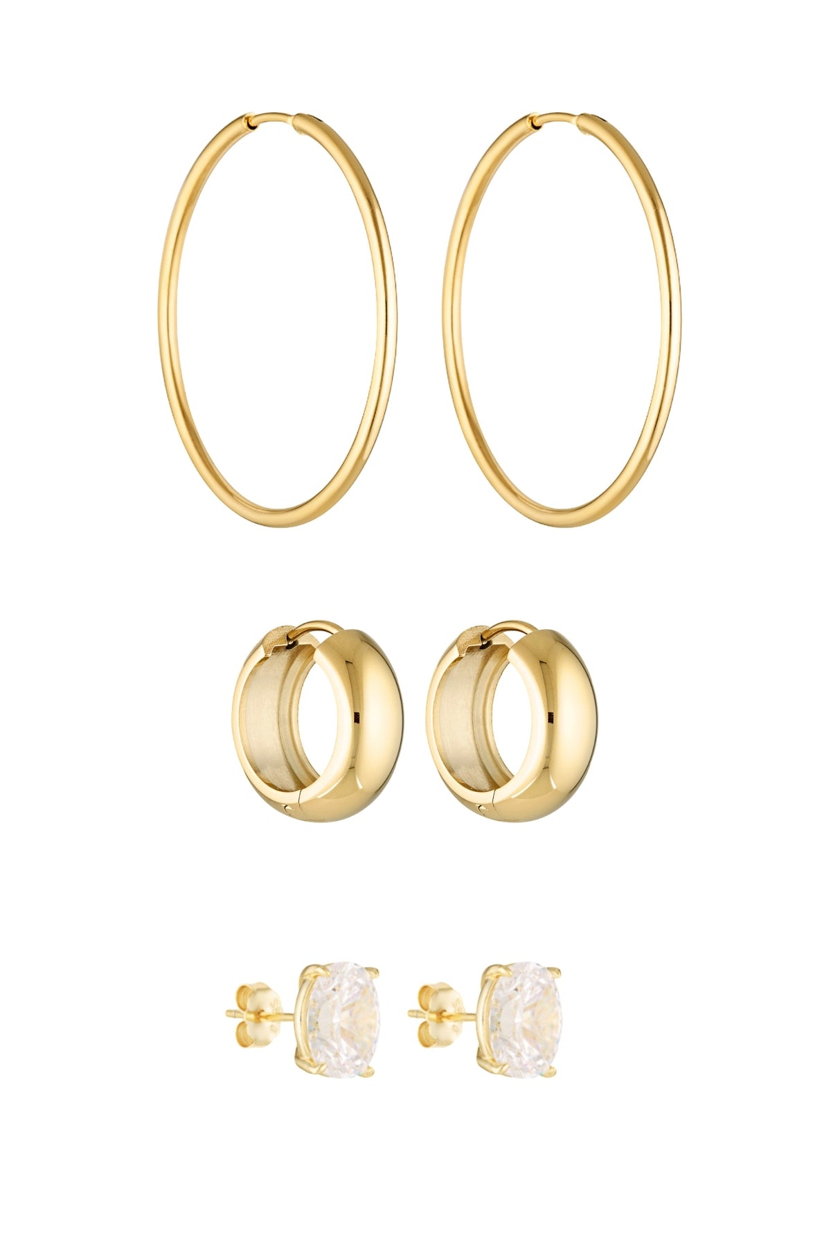 Porter Jewellery | 18k Gold Vermeil Sterling Silver White Gold Plating | 90's Hoops 40mm | Petite Thick Huggies 18mm | Oval Studs 2CT Set