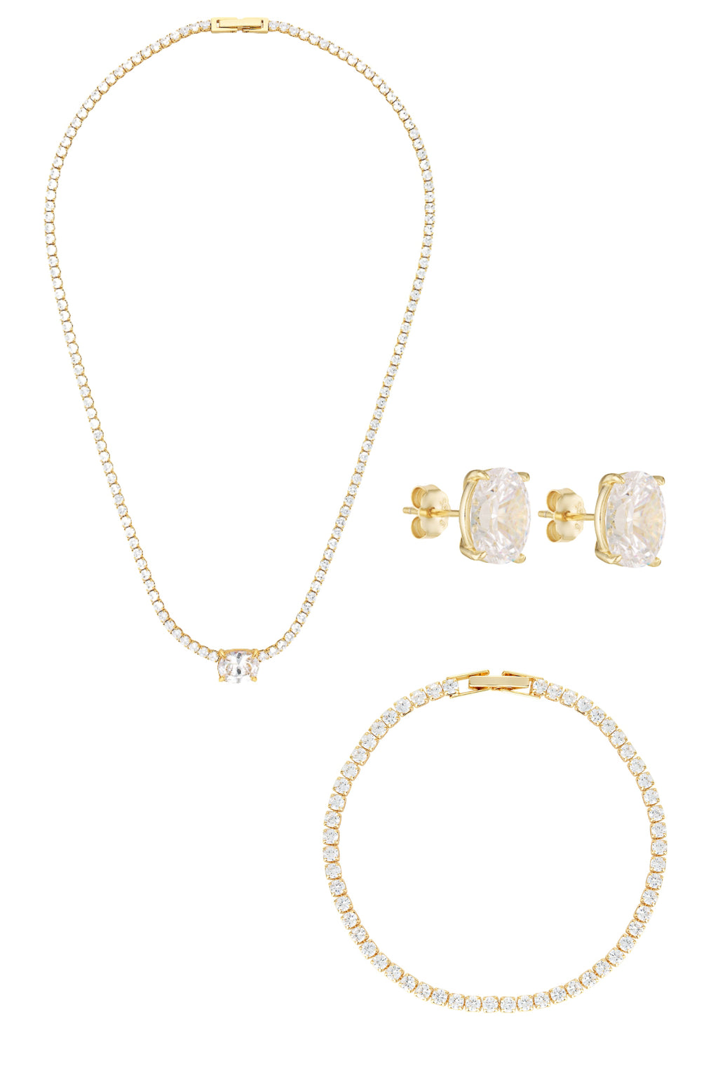 Porter Jewellery | 18k Gold Vermeil Sterling Silver White Gold Plating | Heirloom Tennis Necklace | Baby Celestial Bracelet | Oval Studs 2CT Set