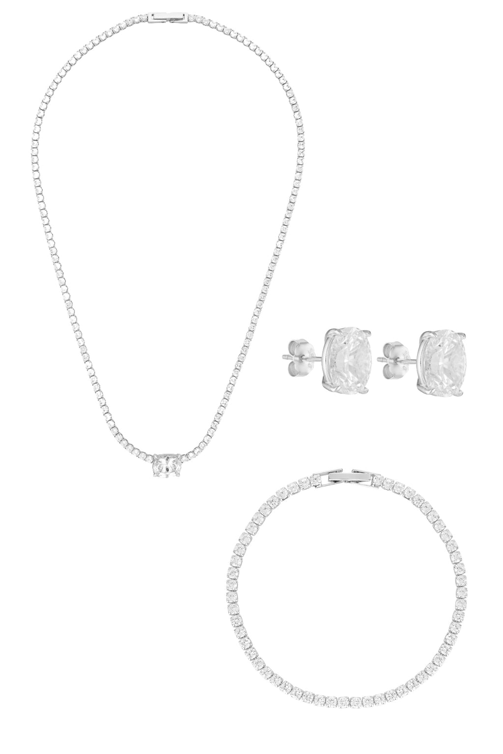 Porter Jewellery | 18k Gold Vermeil Sterling Silver White Gold Plating | Heirloom Tennis Necklace | Baby Celestial Bracelet | Oval Studs 2CT Set