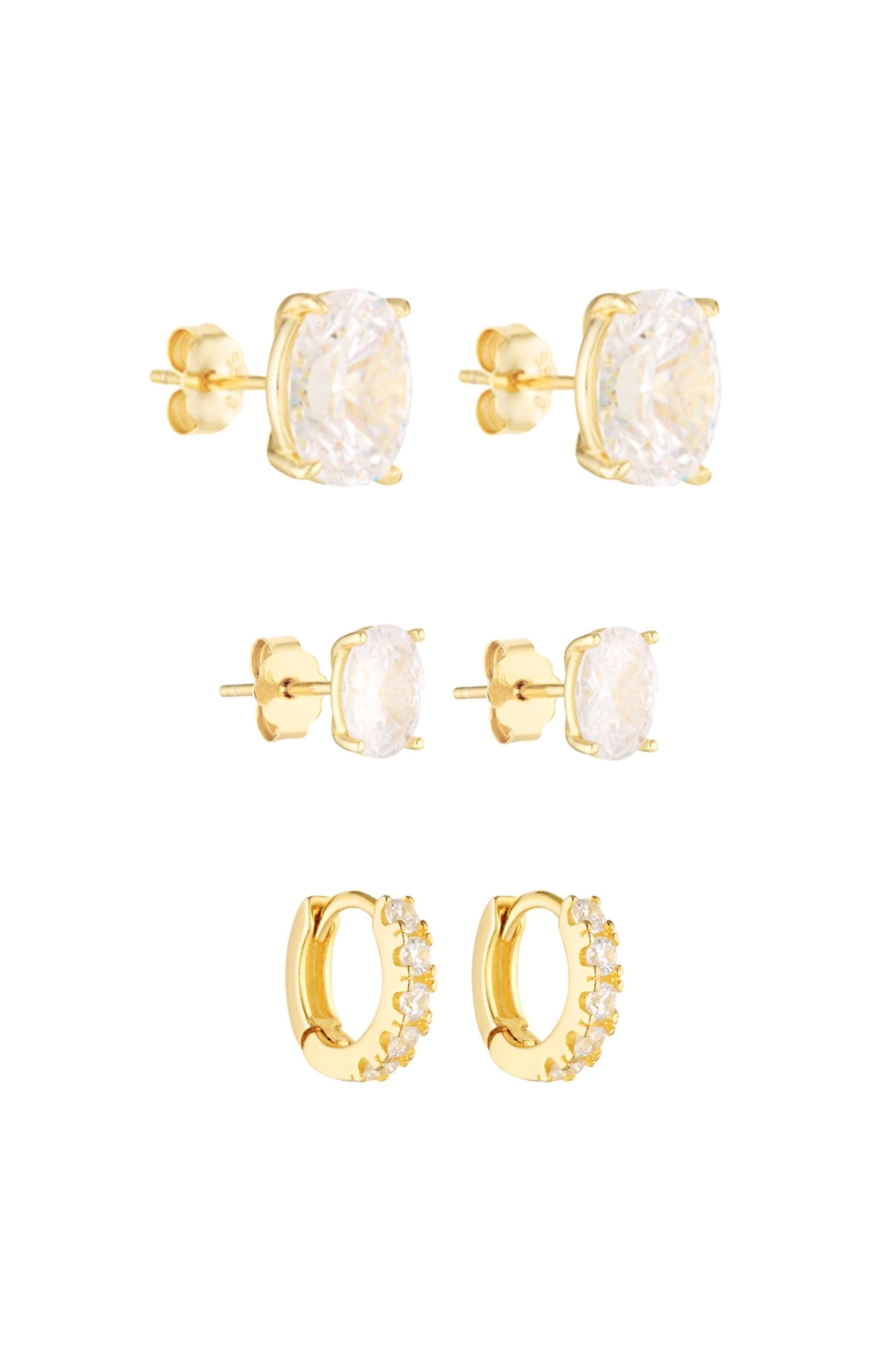 Porter Jewellery | 18k Gold Vermeil Sterling Silver White Gold Plating | Oval Studs 2CT | Oval Studs 1CT | Angel Huggies 7mm Set