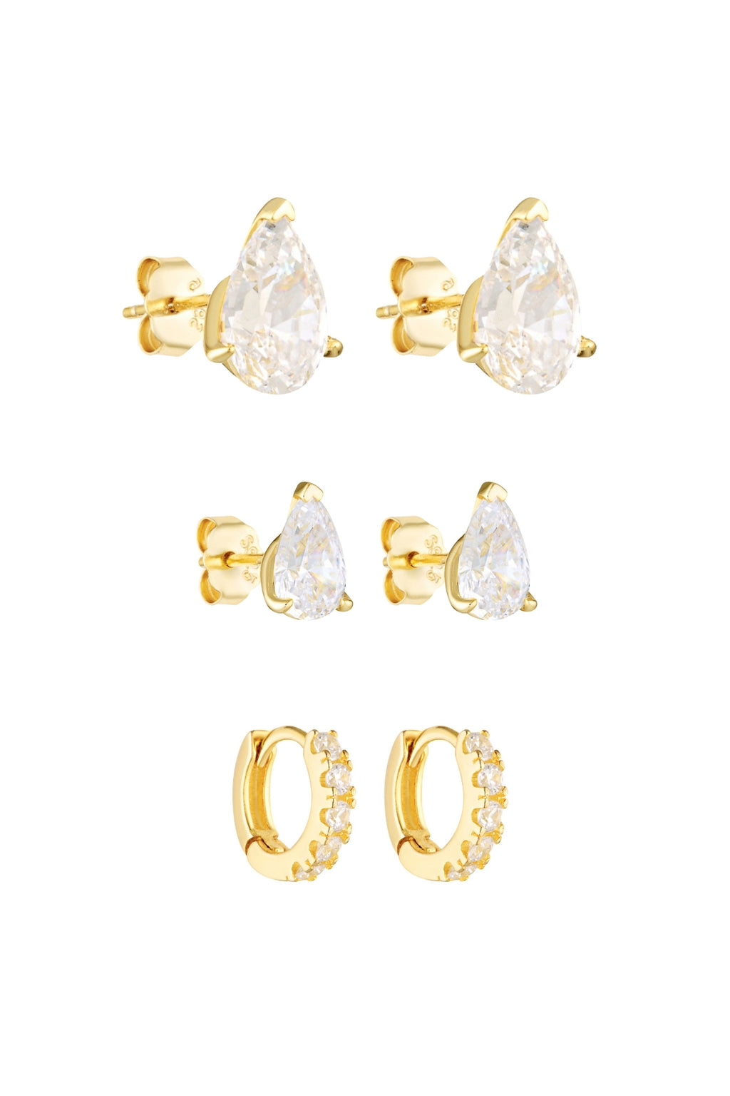 Porter Jewellery | 18k Gold Vermeil Sterling Silver White Gold Plating | Pear Studs 2ct | Pear Studs 1ct | Angel Huggies 7mm Set