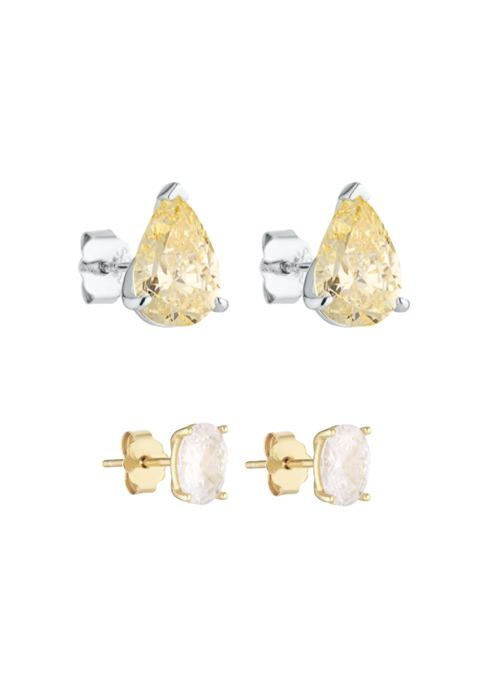 Porter Jewellery | Sterling Silver | Pear Studs 2CT Canary | Oval Studs 1CT