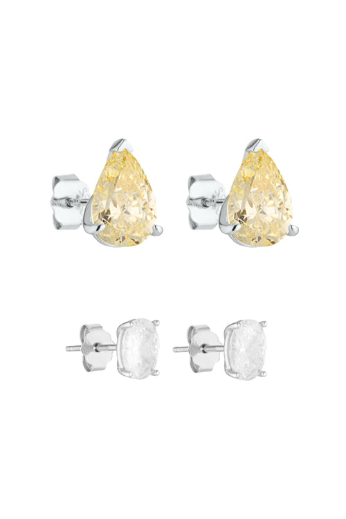 Porter Jewellery | Sterling Silver | Pear Studs 2CT Canary | Oval Studs 1CT