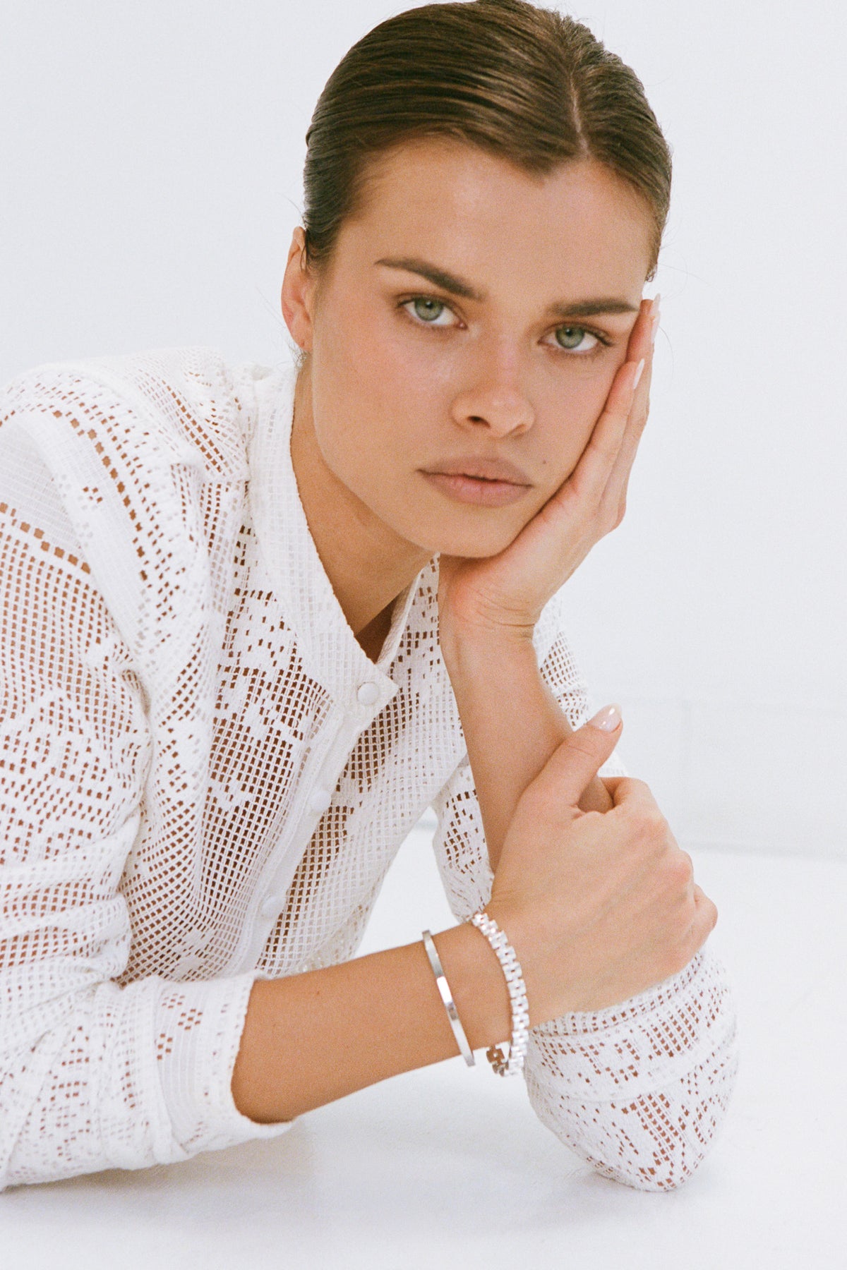 Fine Baby Link Bracelet - White Gold & Dylan Bangle Silver - Plain Set
